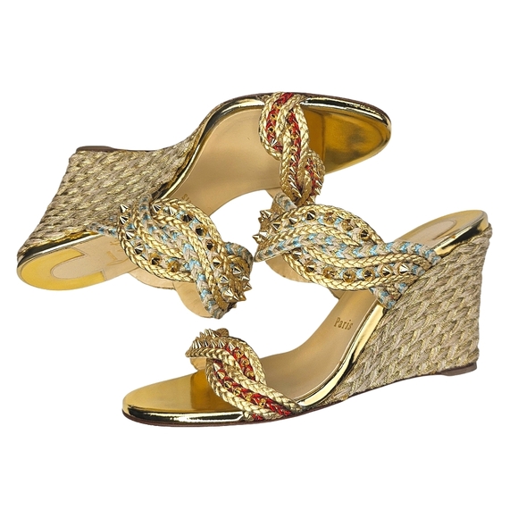 CHRISTIAN LOUBOUTIN Braided Gold-Studded Leather Wedge Sandals - Picture 13 of 13